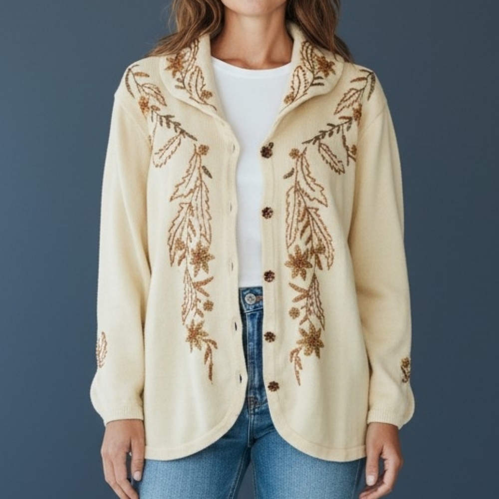 STORYBOOK KNITS Ivory Baroque Glitter Floral Embroidered Button-Up Cardigan